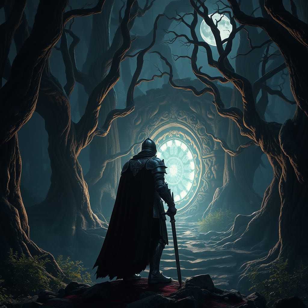 Spectral Knight Guards Ancient Portal in Dark Fantasy Landsc...