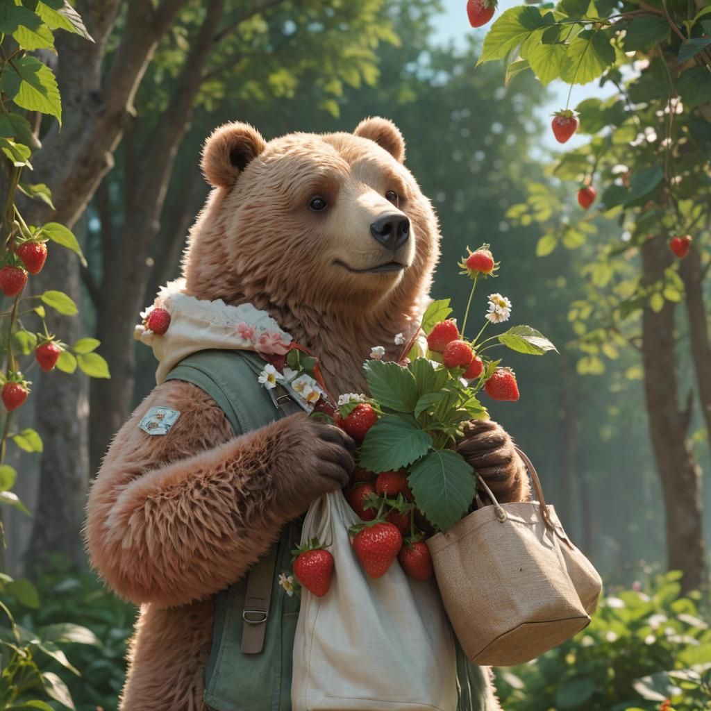 Mister Bear with Strawberries: Whimsical Digital Art