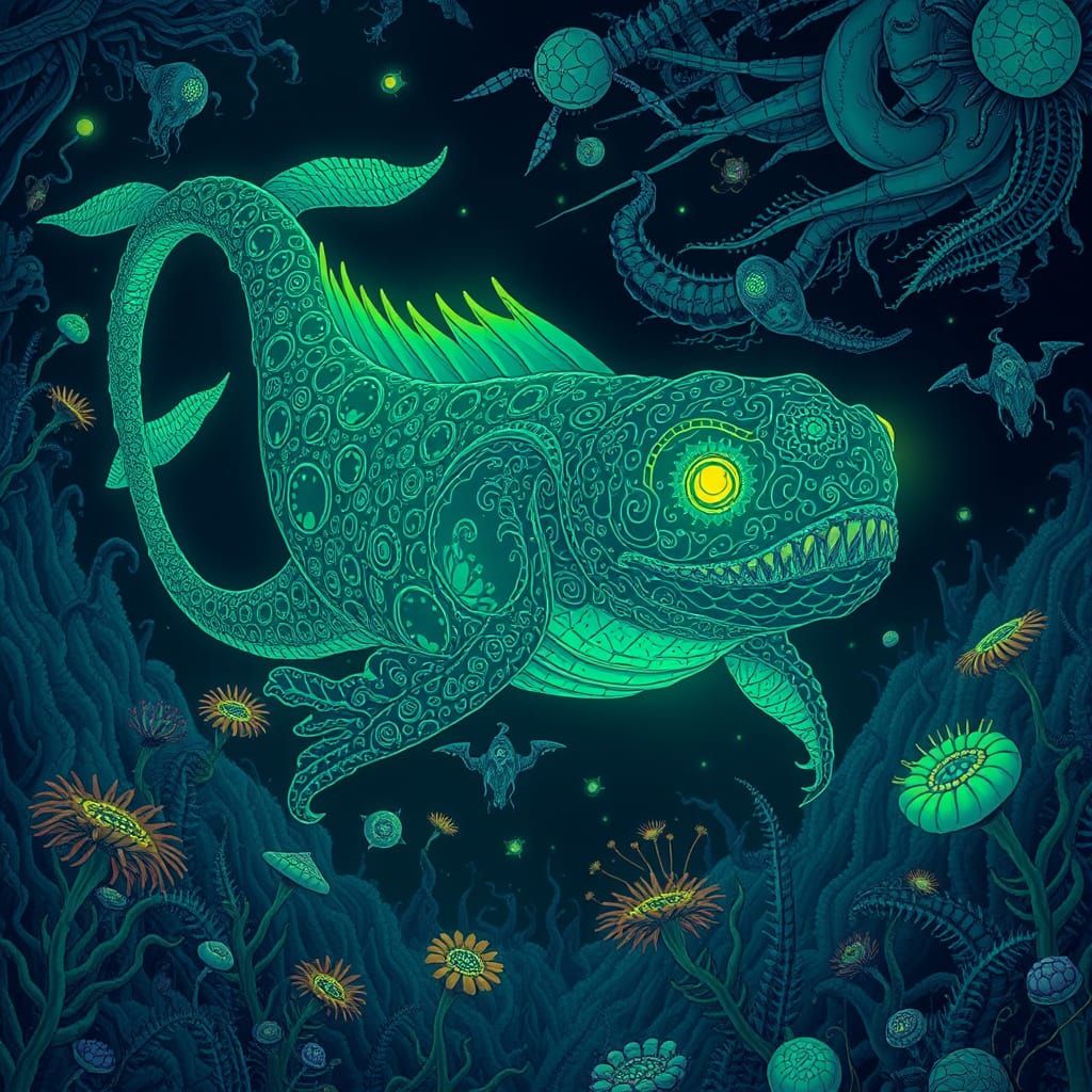 Glowing Deep-Sea Monster Rides Through Abyssal Waters
