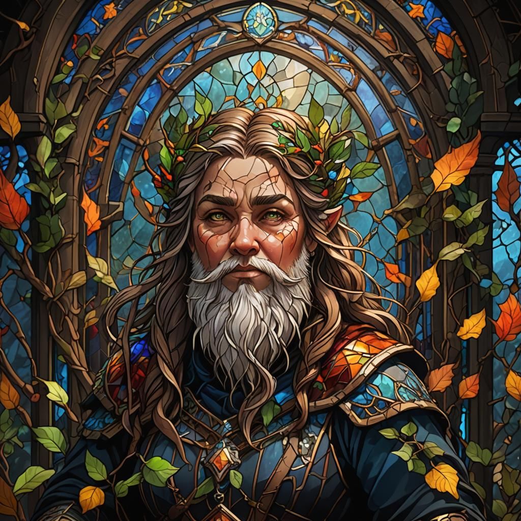 Stained Glass Female Dwarf with Shaggy Beard