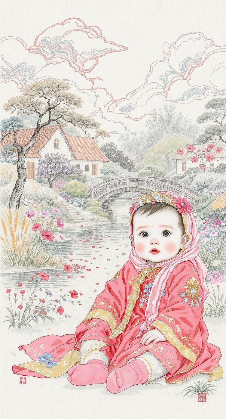 Baby Girl in Red Traditional Outfit by Garden Pond