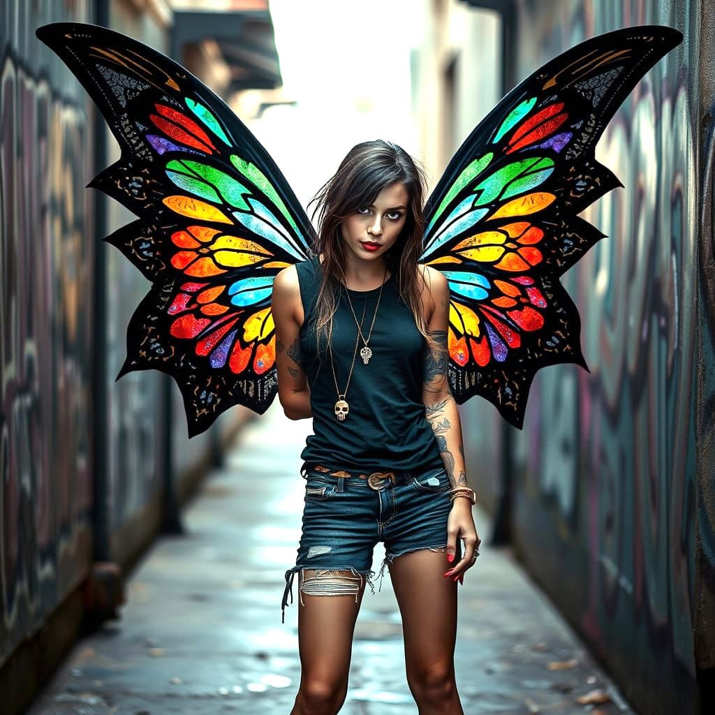 Grunge Fairy with Stained Glass Wings in Alley