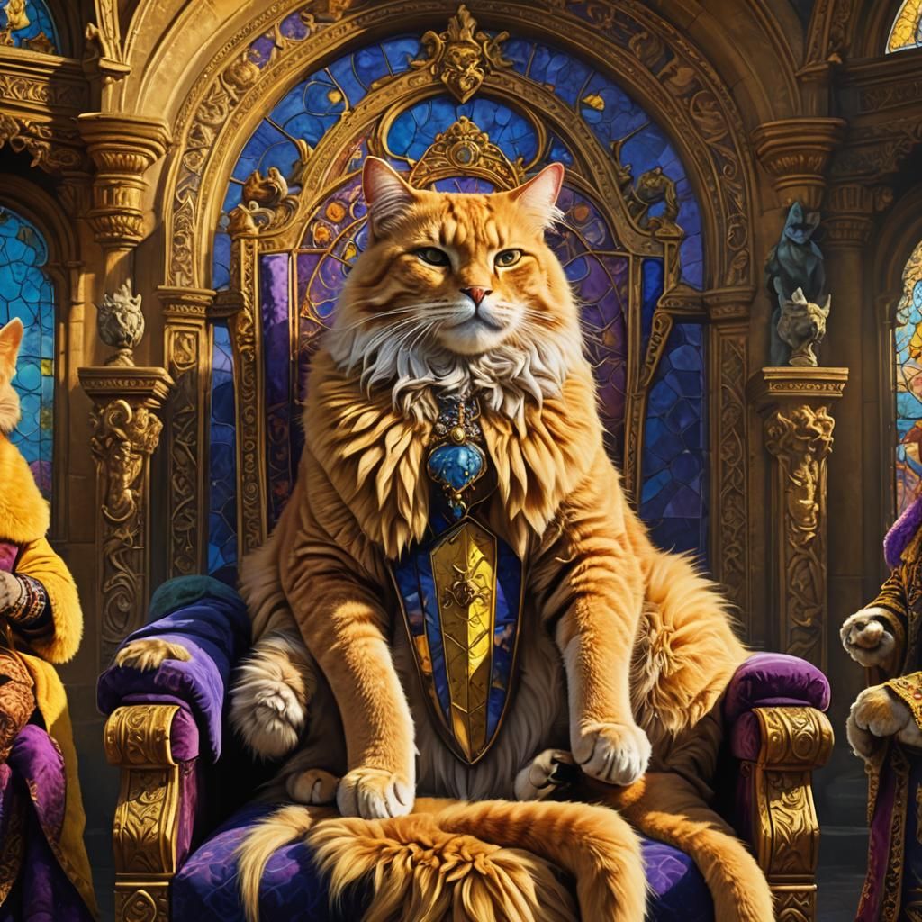 Yellow Cat King on Golden Throne: Fantasy Art