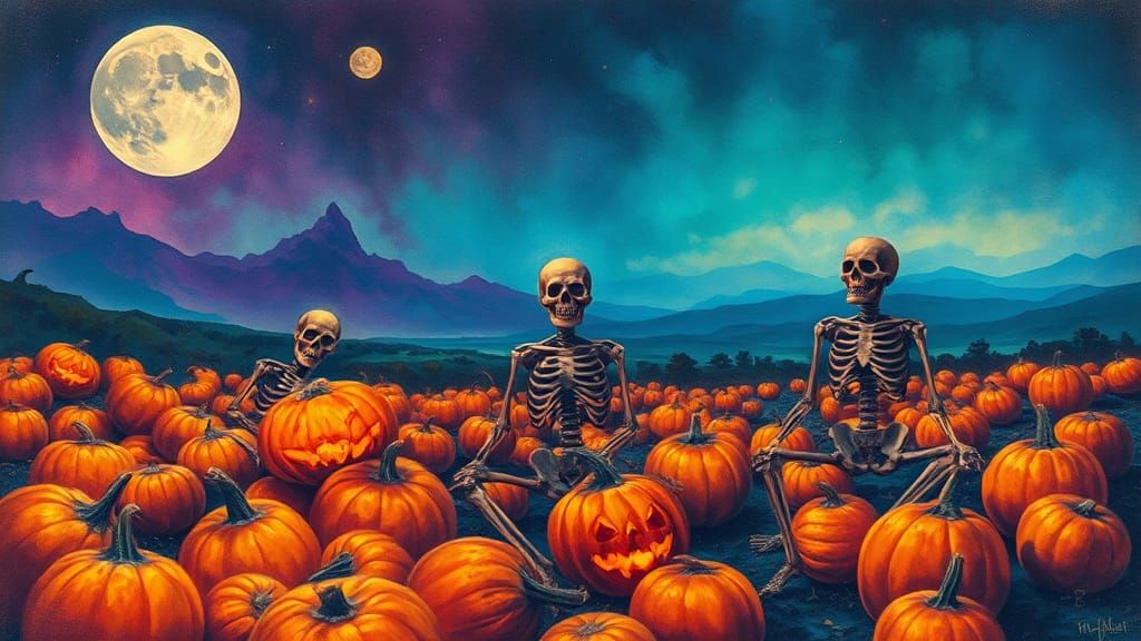 Surreal Skeletons and Jack-o'-lanterns in Impasto Style