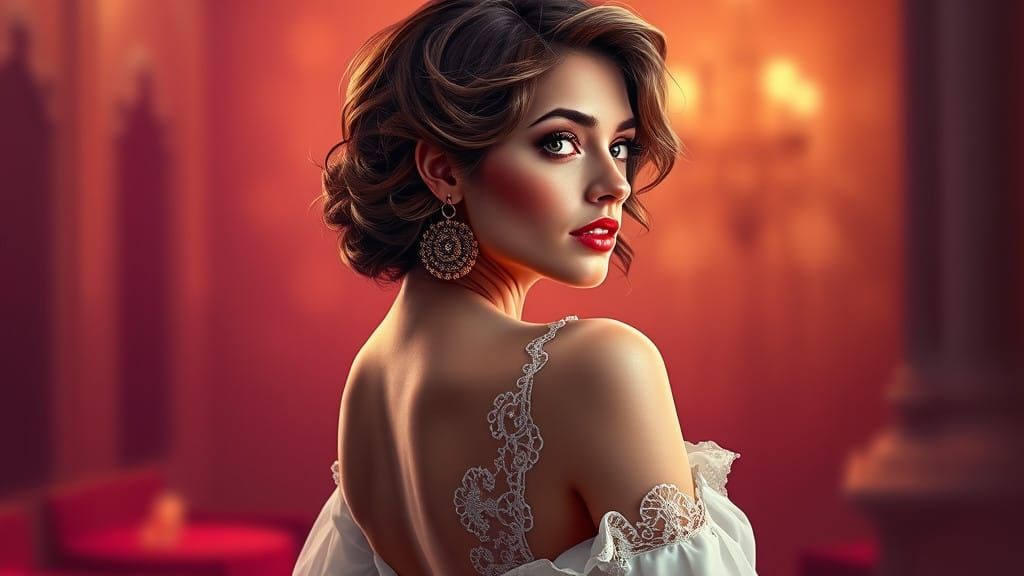 Elegant Victorian Goddess in Vibrant Neon Oil Painting