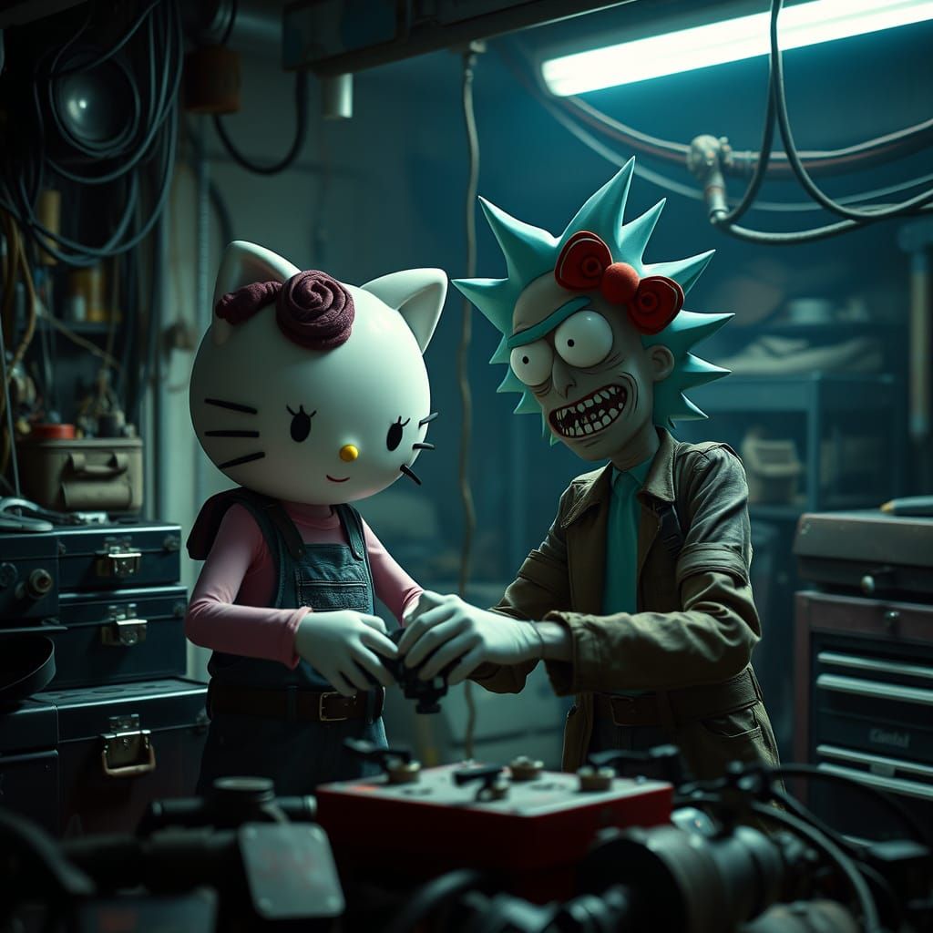 Hello Kitty and Rick Repair Spaceship: Cinematic Film Still