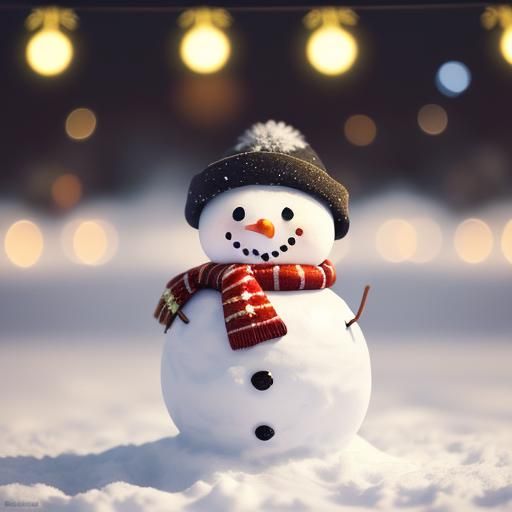 Cute Snowman with Christmas Lights Bokeh