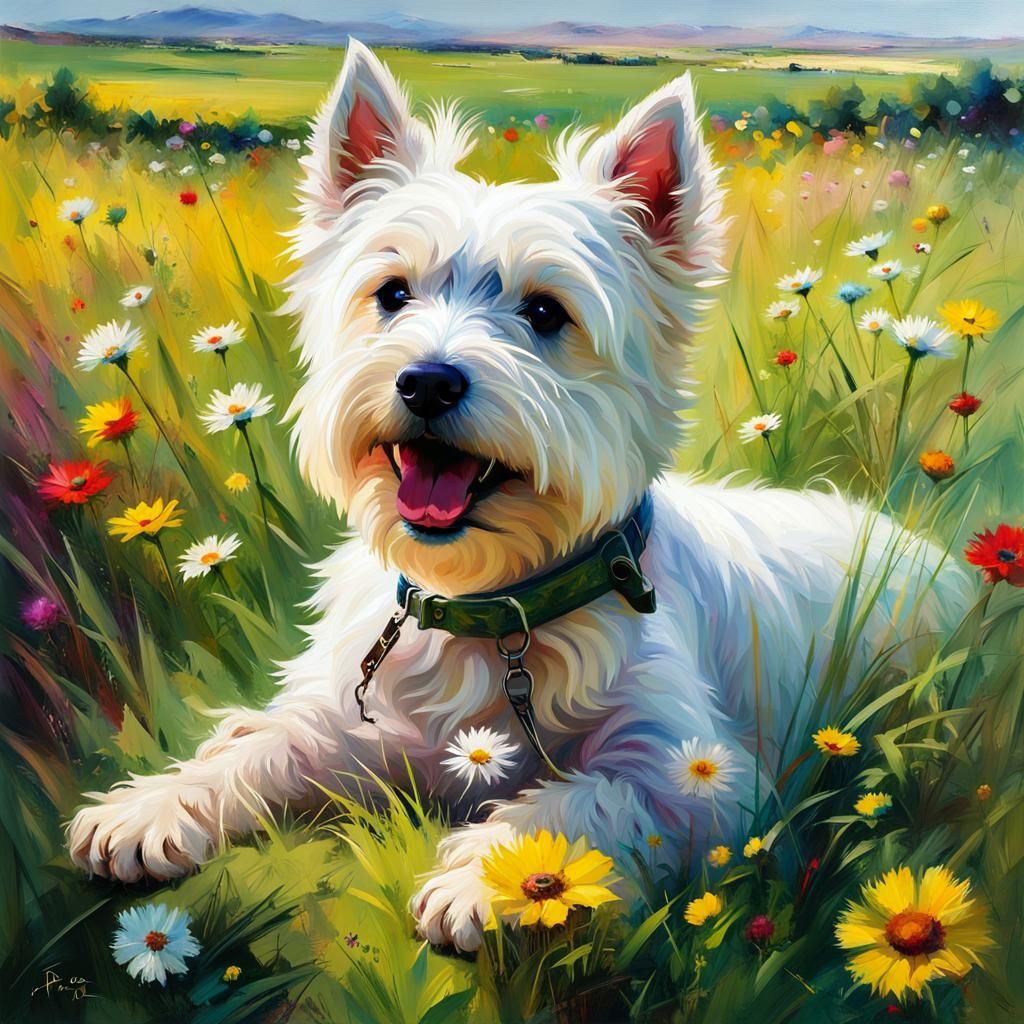 Westie on Flower Meadow in Oil Painting Style