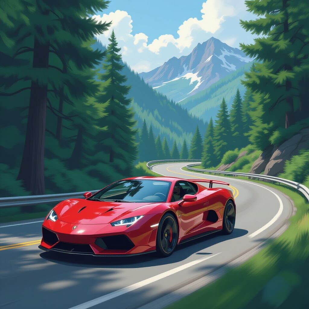 Red Sports Car on Mountain Road in Digital Art Style
