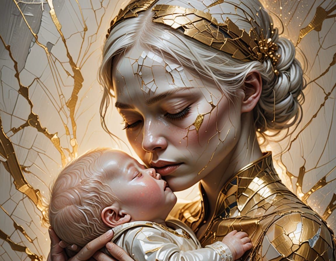 Albino Mother and Child: Kintsugi Oil Painting