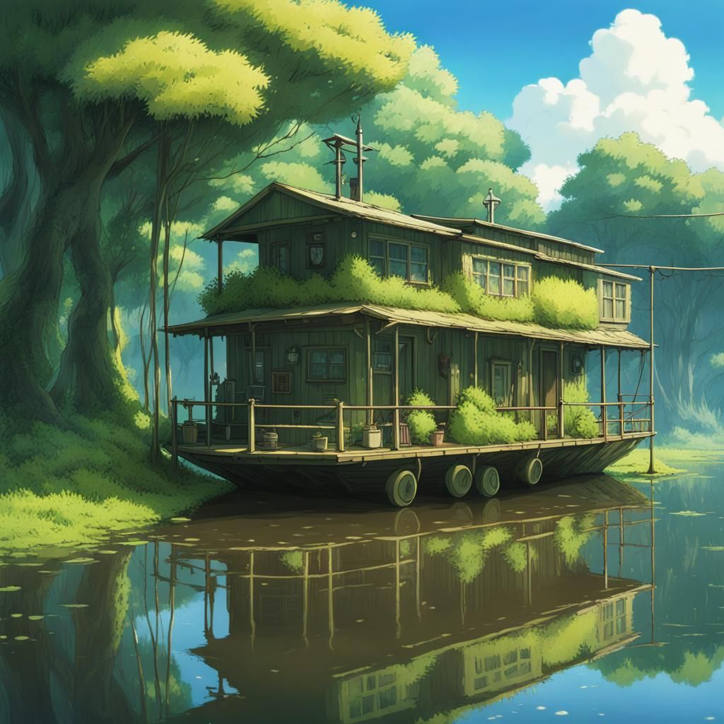 Anime Houseboat in Mossy Swamp, Ghibli Style
