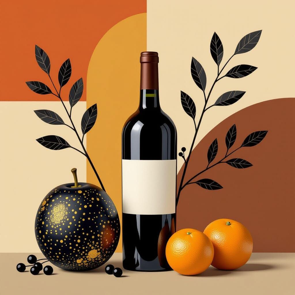 Boho Still Life with Wine Bottle and Oranges in Earthy Tones
