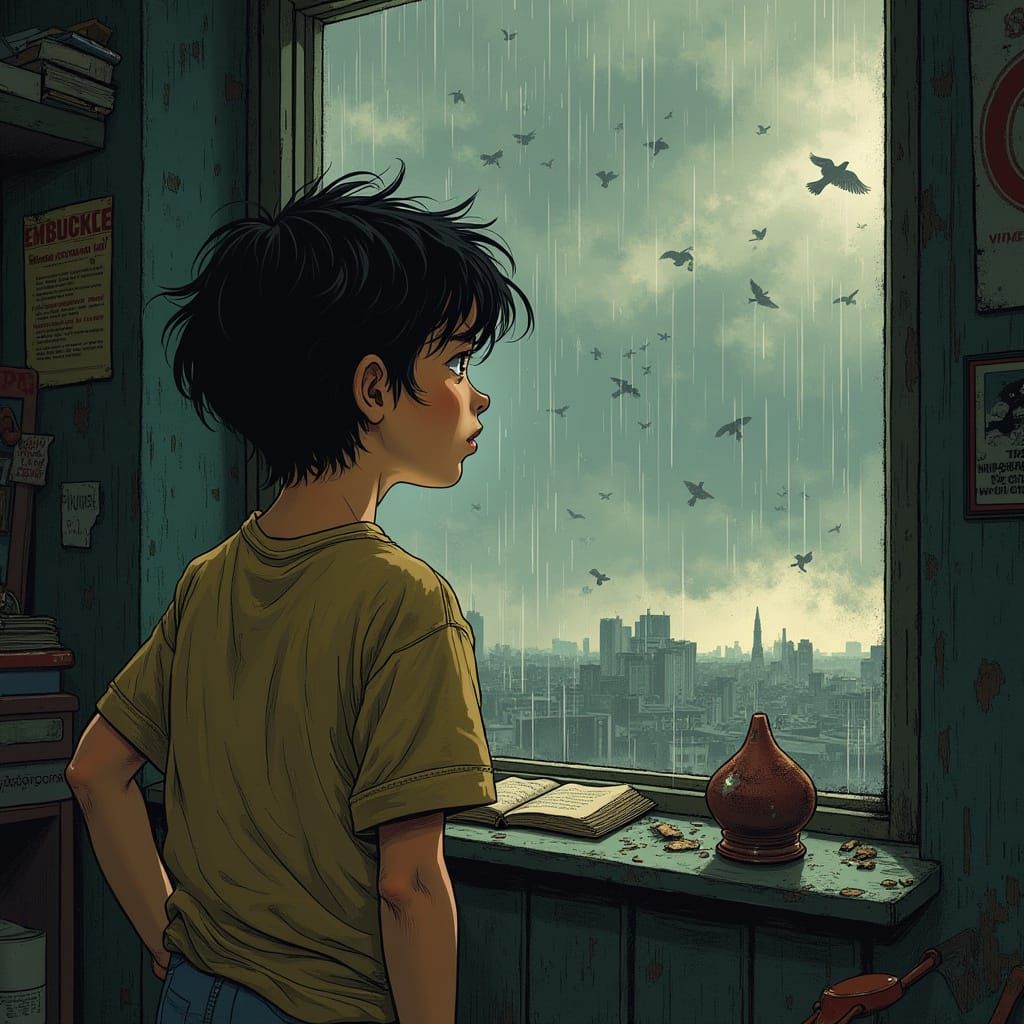 Boy Reflects on Stormy Sky in Noir Graphic Style