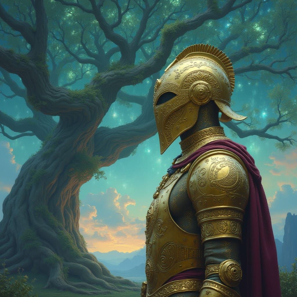 Golden Warrior Stands Before the Tree of Life in a Realm of...