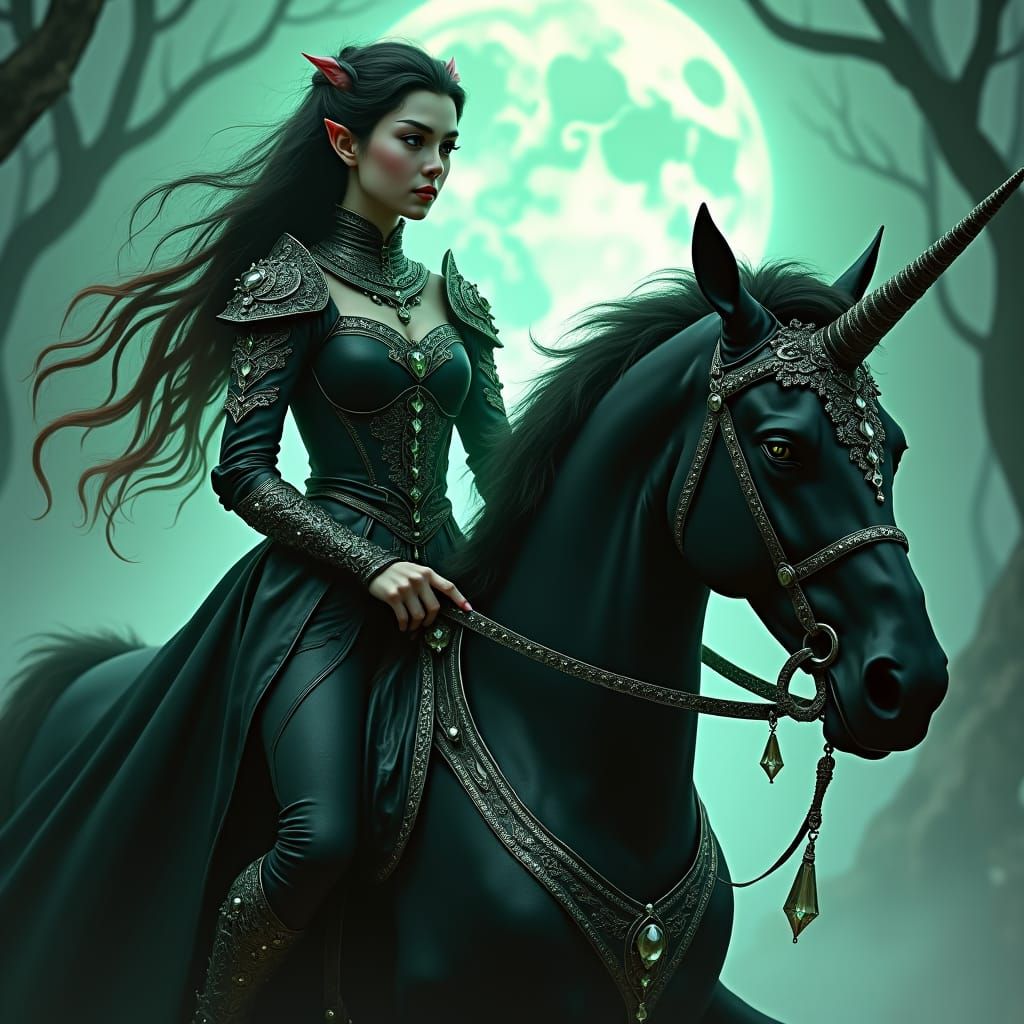 Drow Elf on Unicorn in Mystical Forest