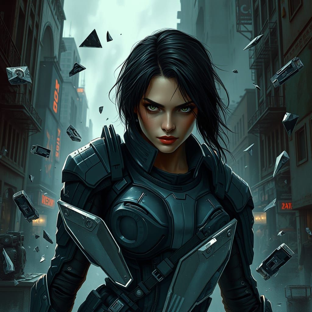 Warrior Amidst Ruins in Gritty Cyberpunk Style