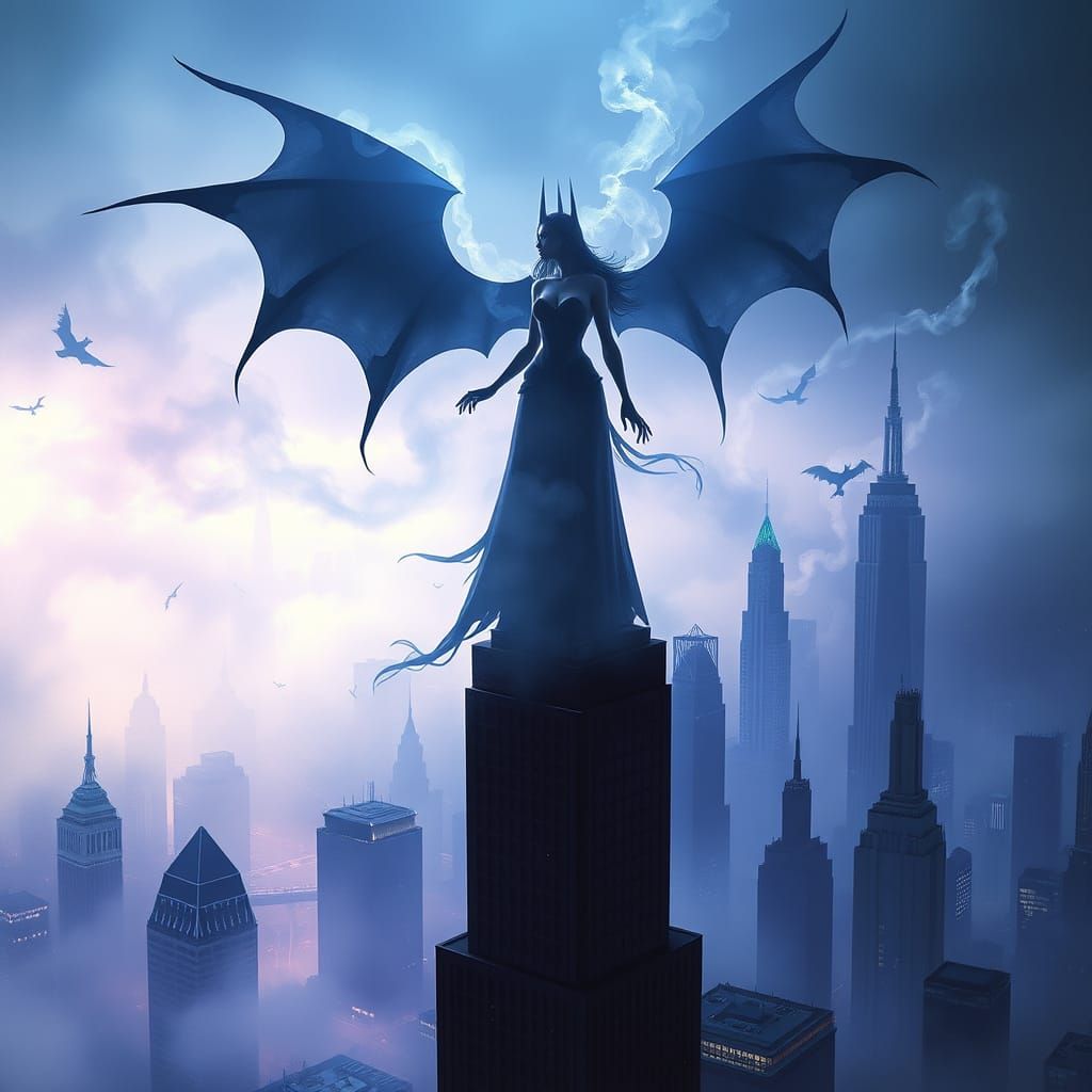 Mistress of Shadows Overlooks Foggy City in Ethereal Style