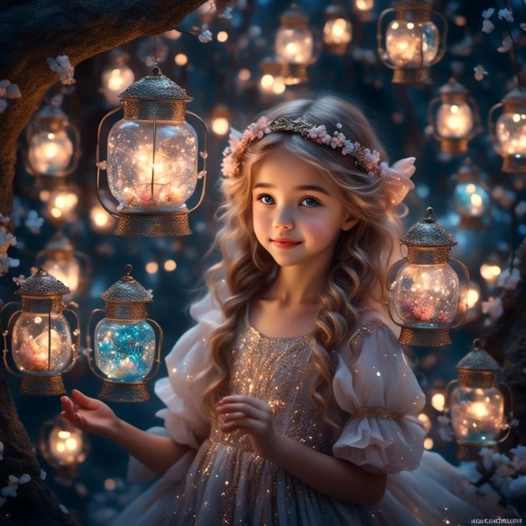 Beautiful Fairy Girl with Lanterns in Cosmic Night