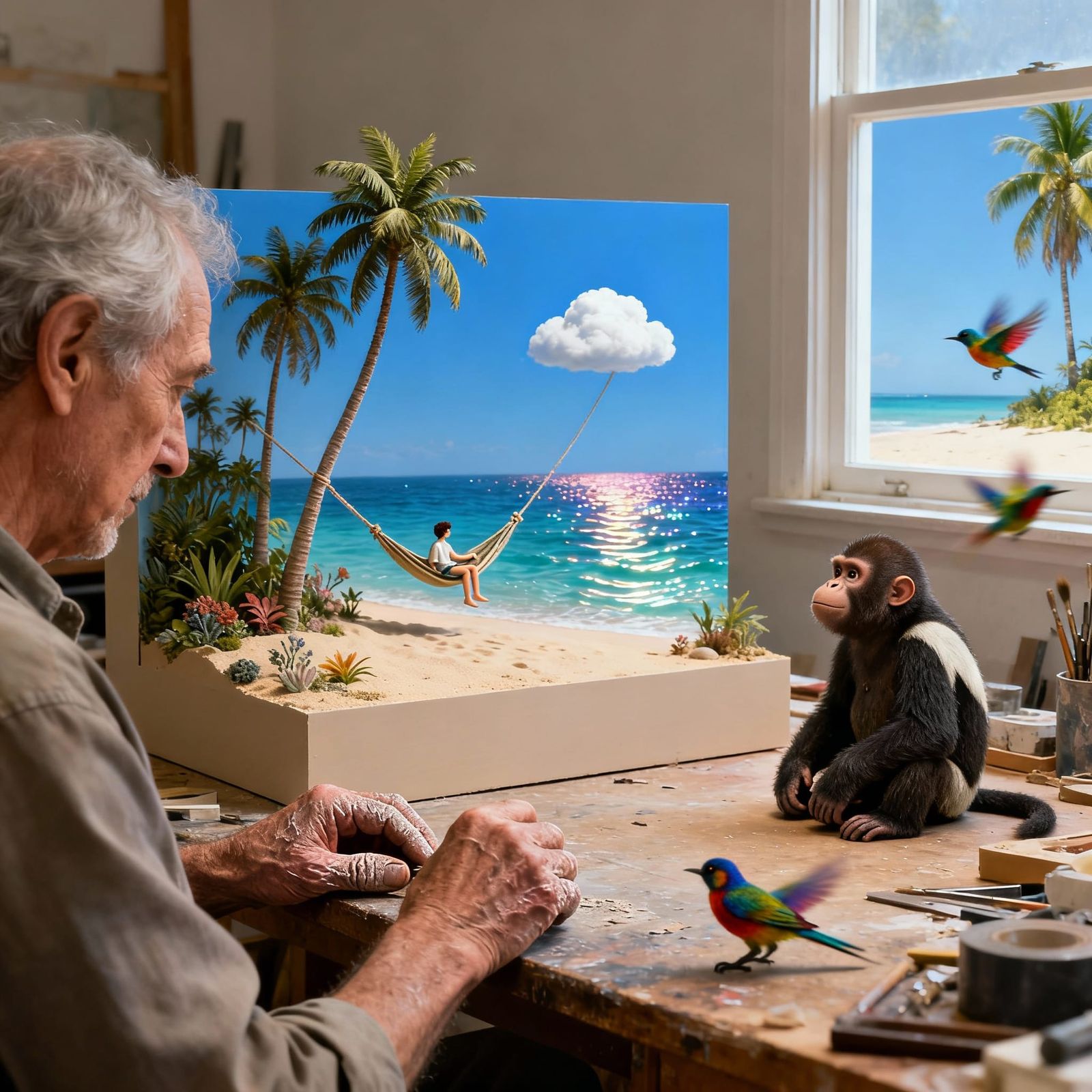 Surreal Peaceful Studio with Man and Diorama