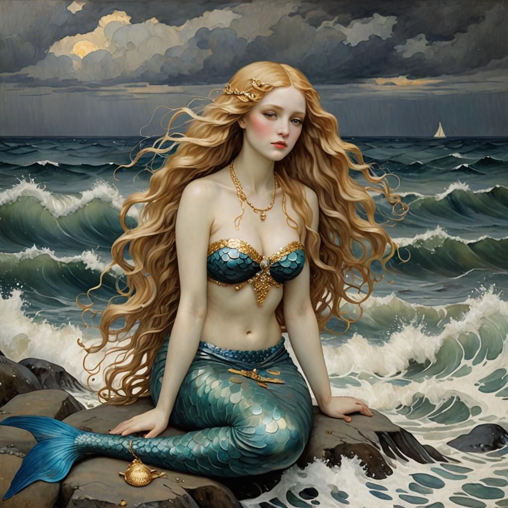 Mermaid by Stormy Sea, Klimt-Inspired Digital Art