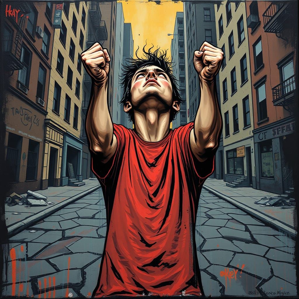 Anguished Rebel Shouts Against the City's Crushing Weight