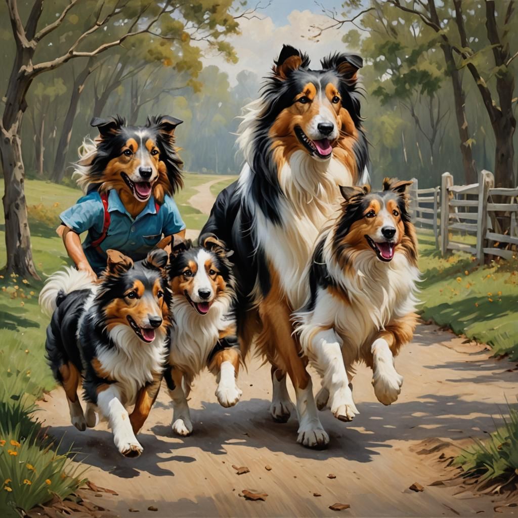 Rough Collie with Children, Oil Painting Style