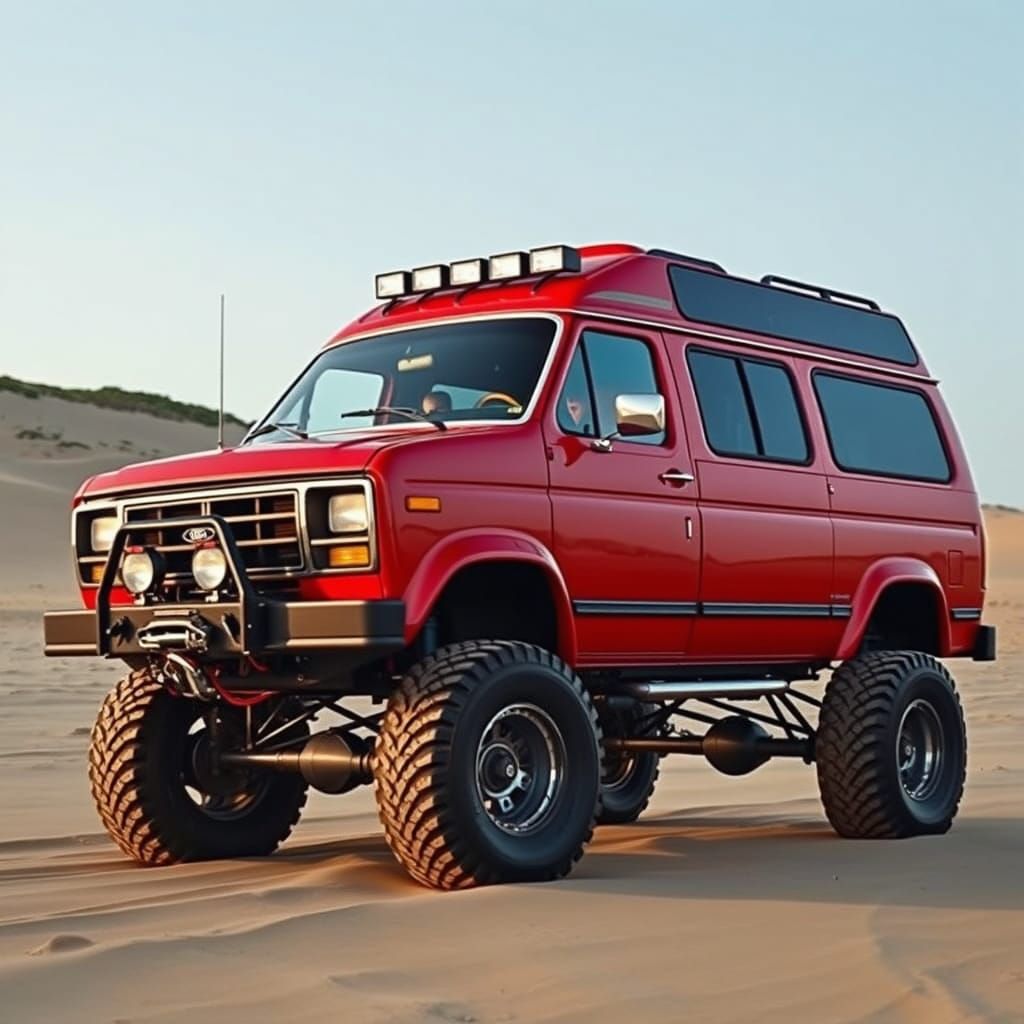Red Off-Road Ford E350 Camper Van in Futuristic Beach Landsc...
