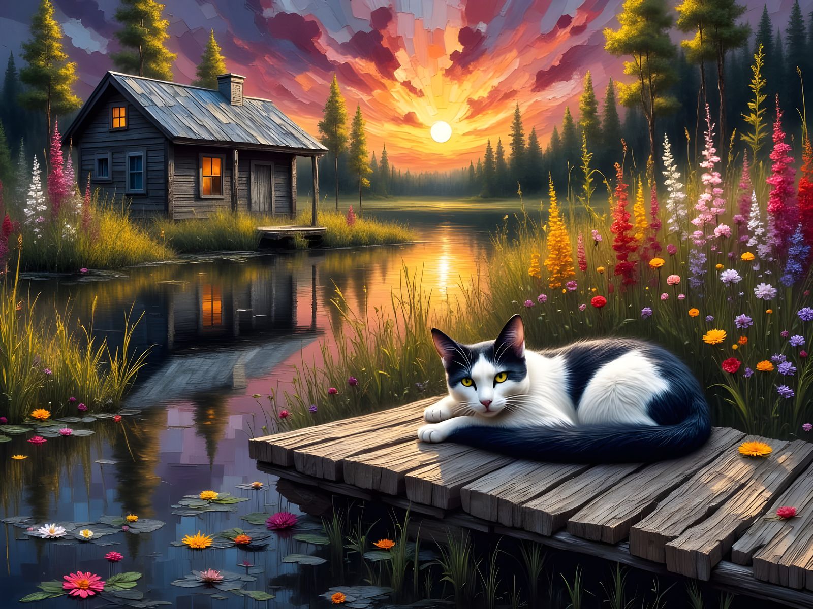 Impasto Painting of Cat on Swamp Dock at Sunset