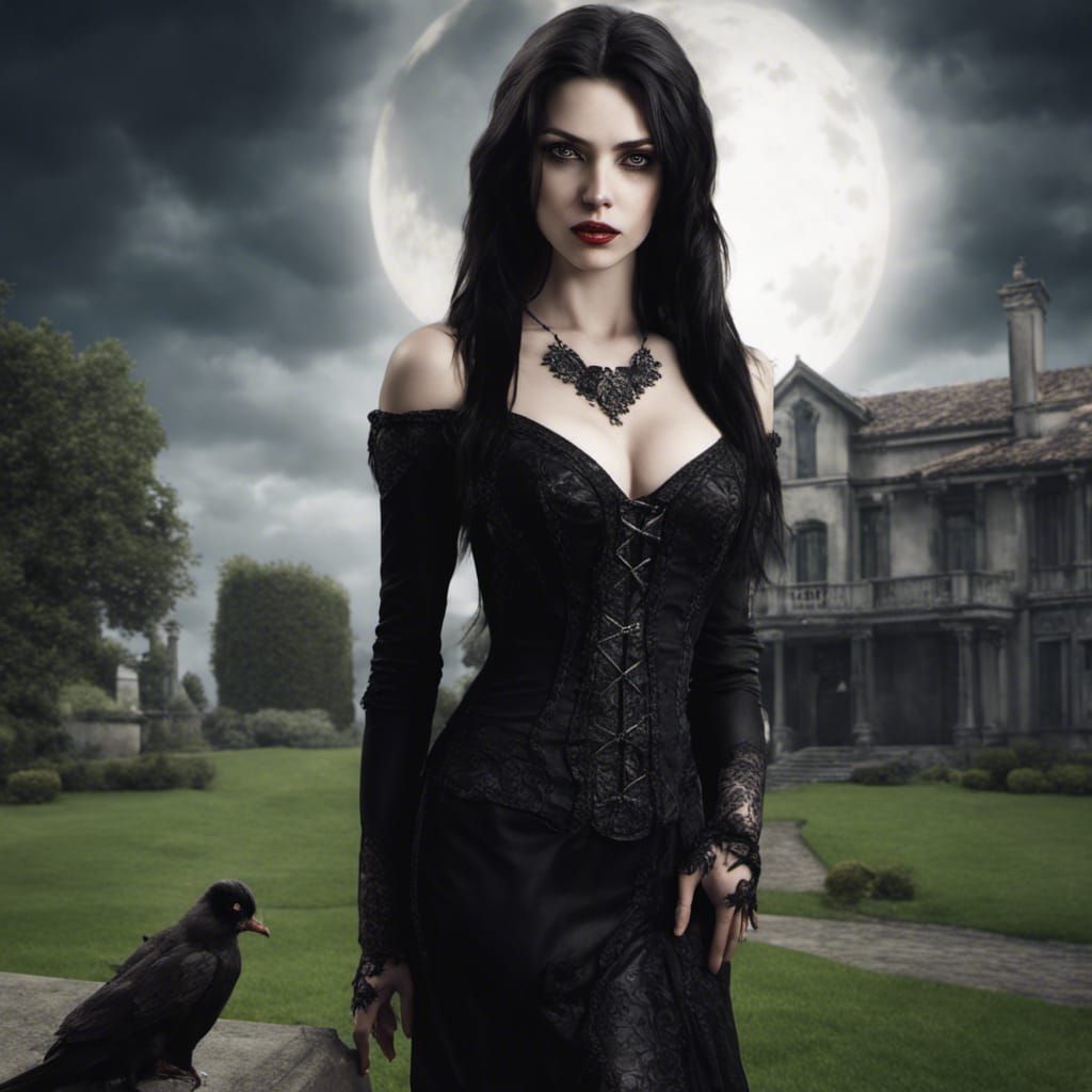 Beautiful Vampire in Gothic Dress, Hyperrealistic Detail