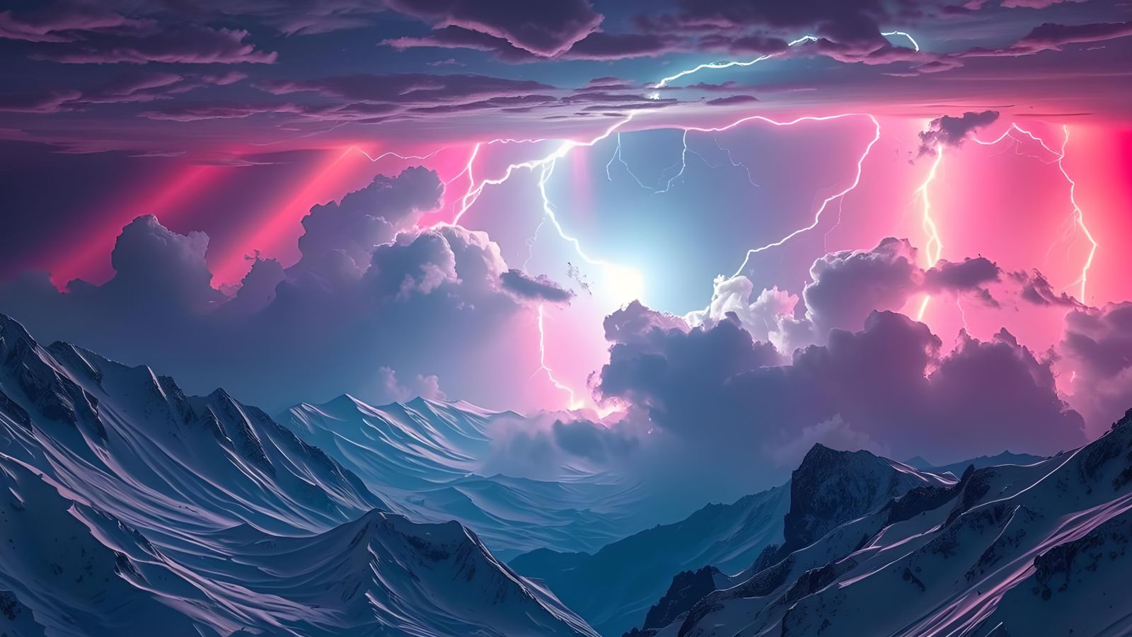 Neon Lightning Storm Over Alien Mountains