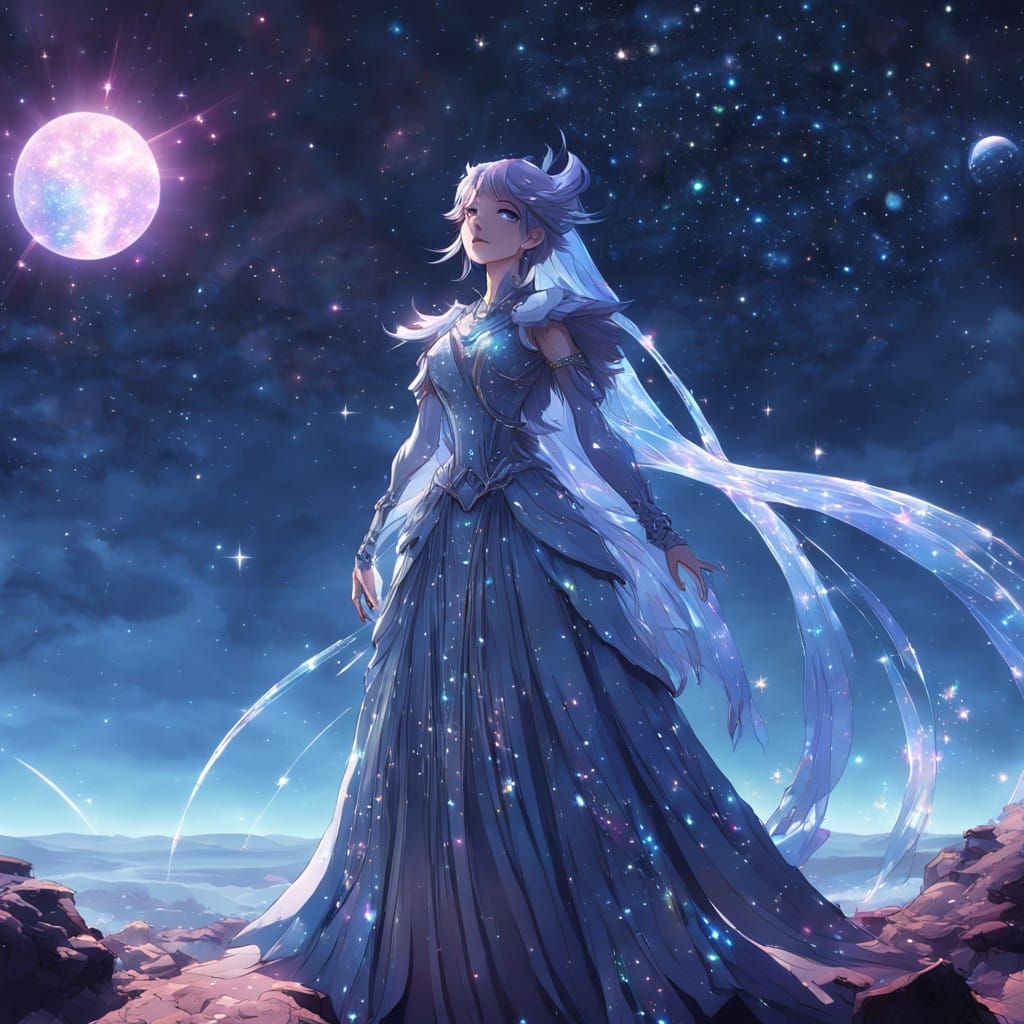 Cosmic Anime Goddess Radiates Starlight in Celestial Realm