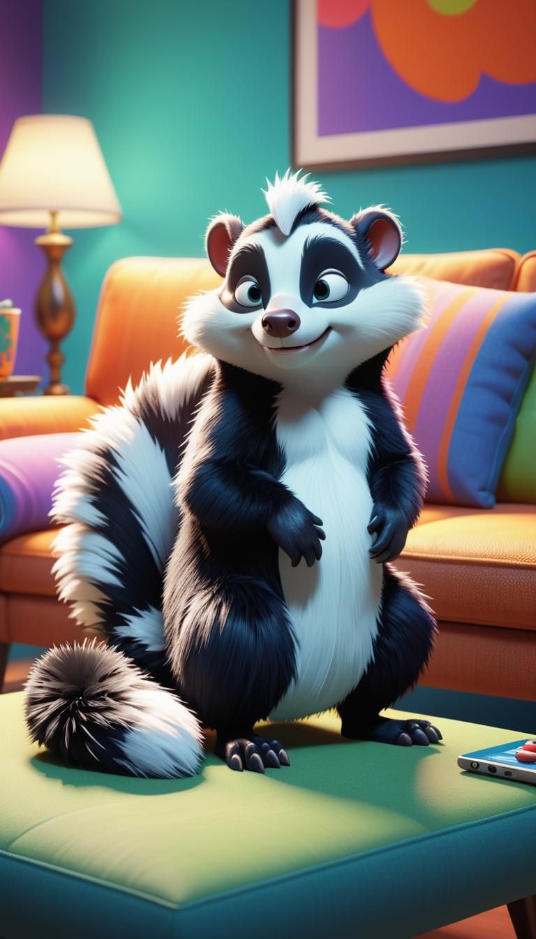 Fluffy Skunk on Couch: 3D Digital Art