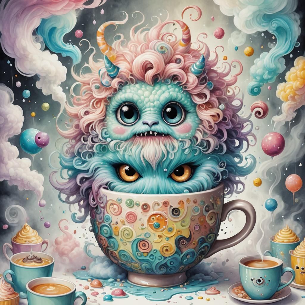 Pastel Monster with Mug in Whimsical Style