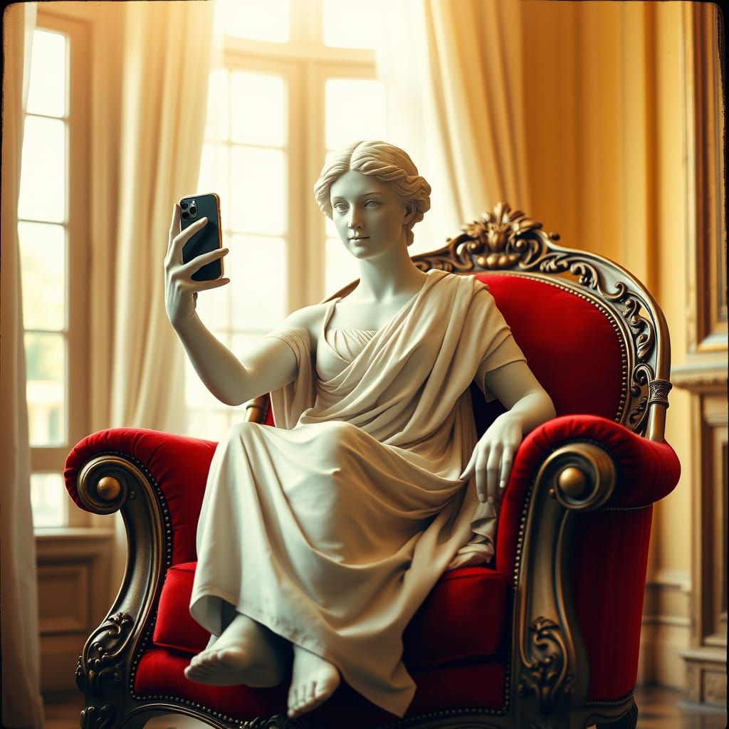 Regal Statue Takes Selfie in Ornate Red Armchair, HDR Photog...
