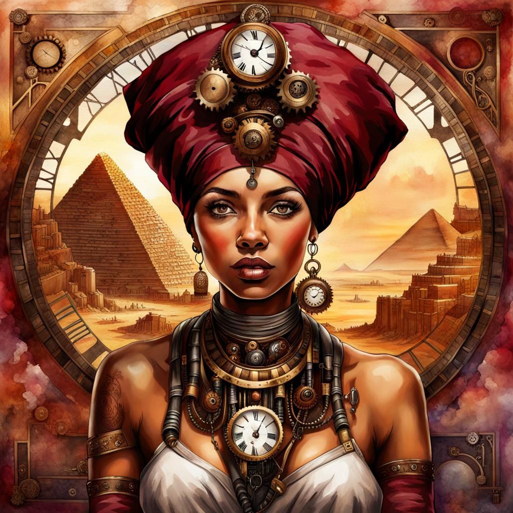Steampunk Egyptian Woman in Hyperrealistic Watercolor Painti...