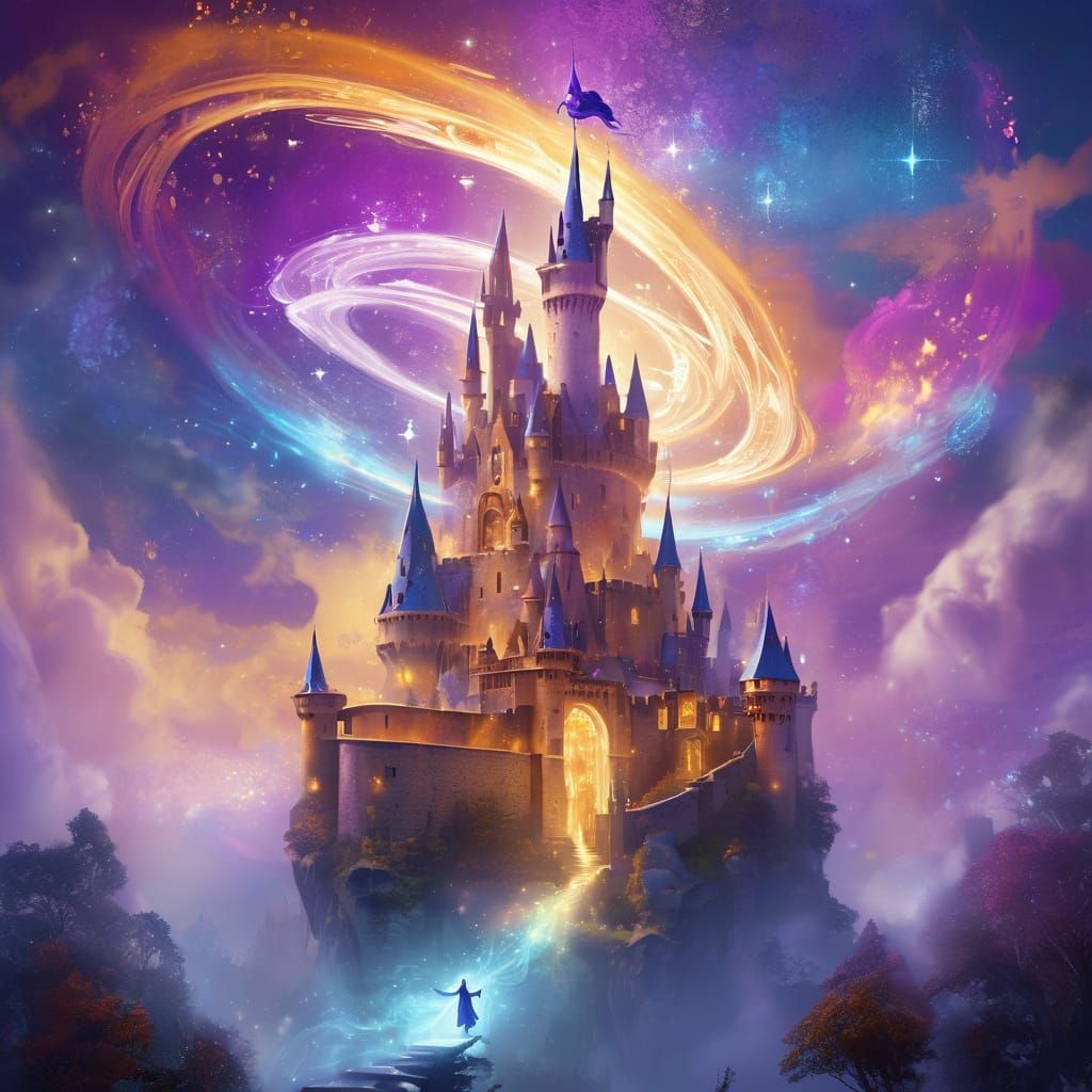 Medieval Fantasy Sorceress Levitates Above Castle in Vibrant...