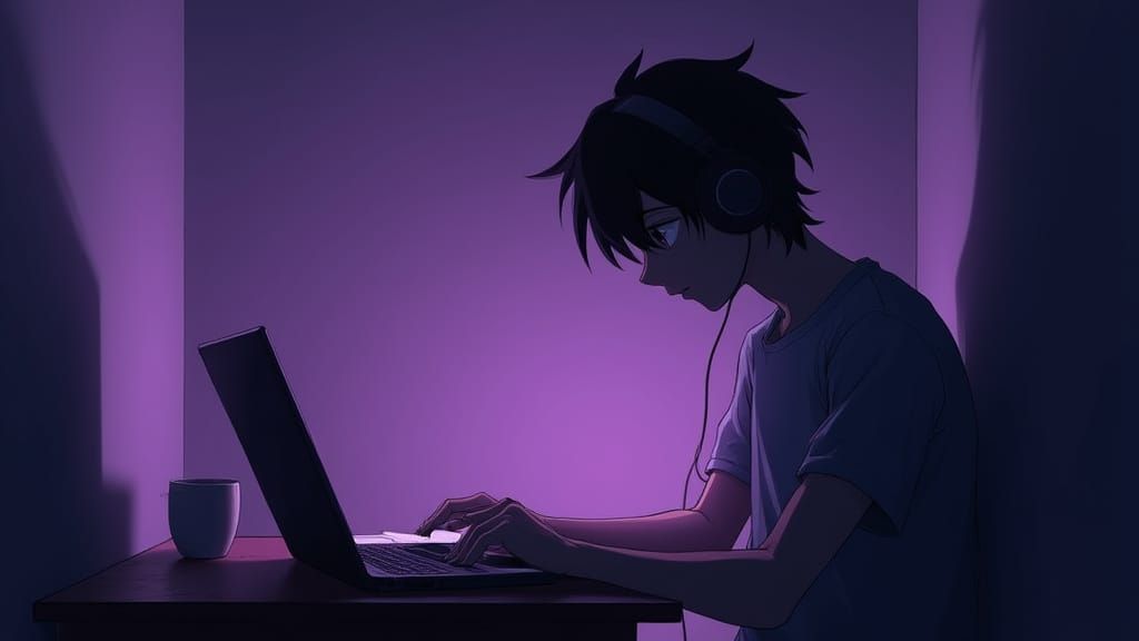 Anime Silhouette Immersed in Laptop Light, Purple Shadows