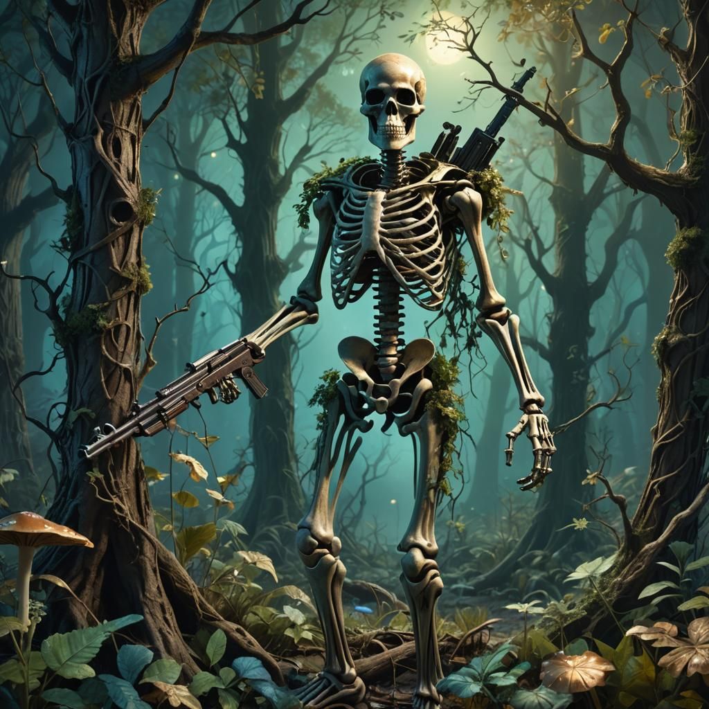 Skeleton Warrior in Mystical Forest, Fantasy Concept Art