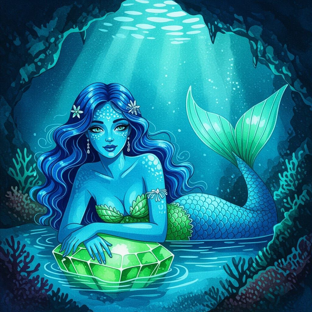 Blue Mermaid in Glowing Cave, Alcohol Ink Style
