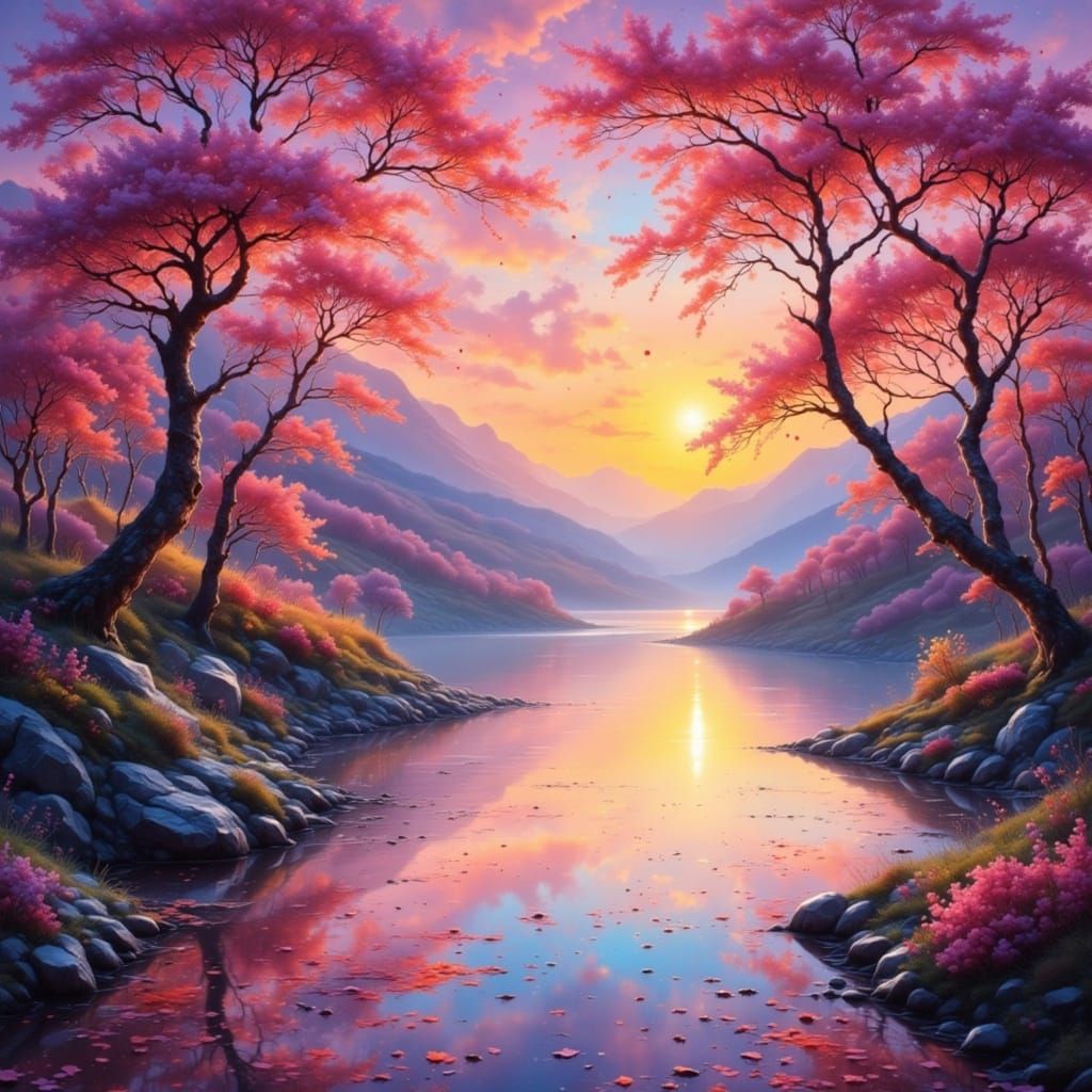 Italian Lake Sunset: Cherry Blossom Impressionism