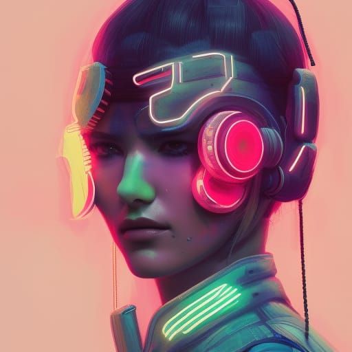 Neon Operator with Japanese Ornaments in Cyberpunk Style