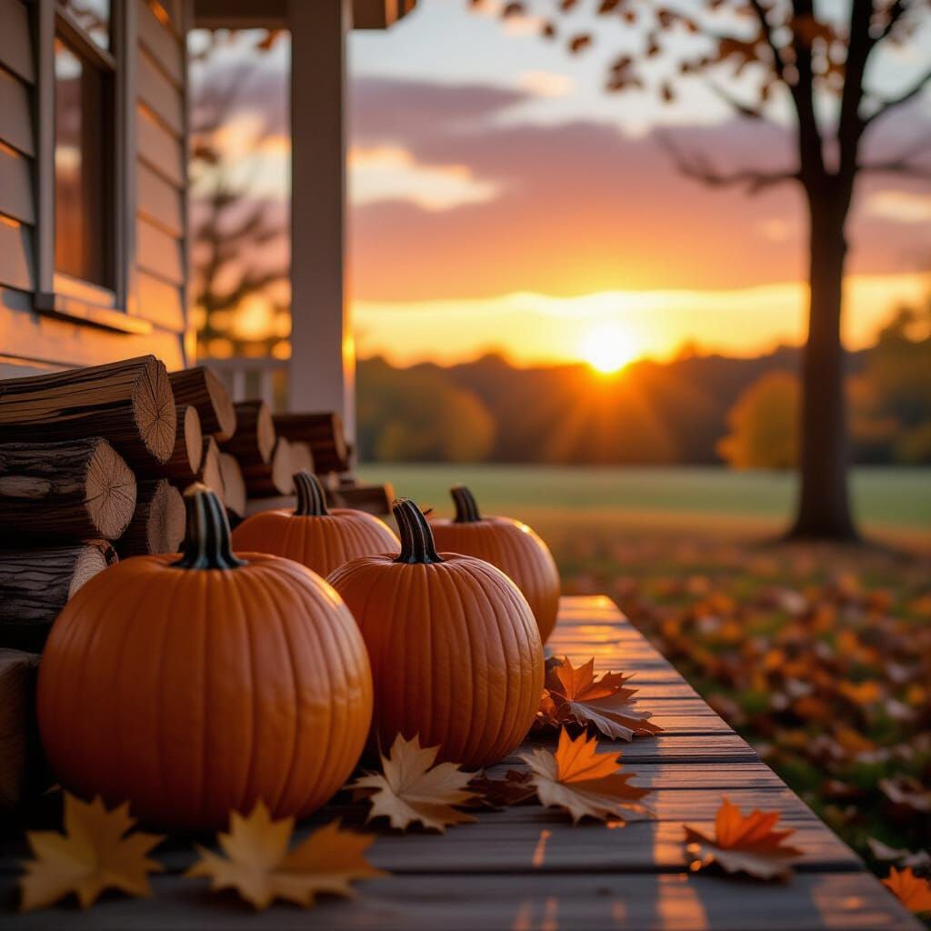 Autumnal Porch Scene at Sunset in Cinematic Style