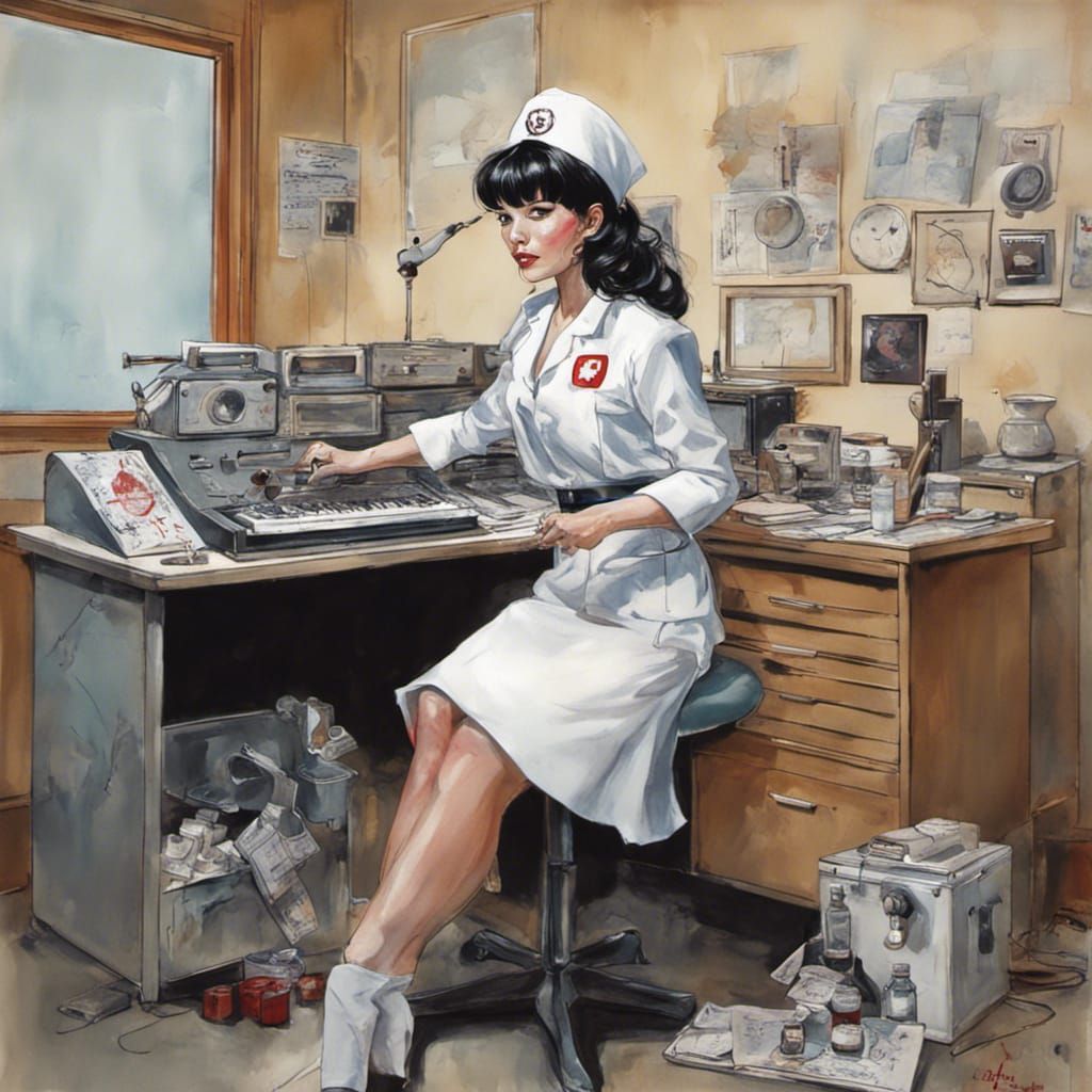 Retro Nurse in Office, Expressionist Illustration