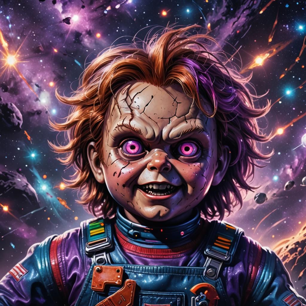 Chucky's Cosmic Horror Close-Up in Retro Sci-Fi Style