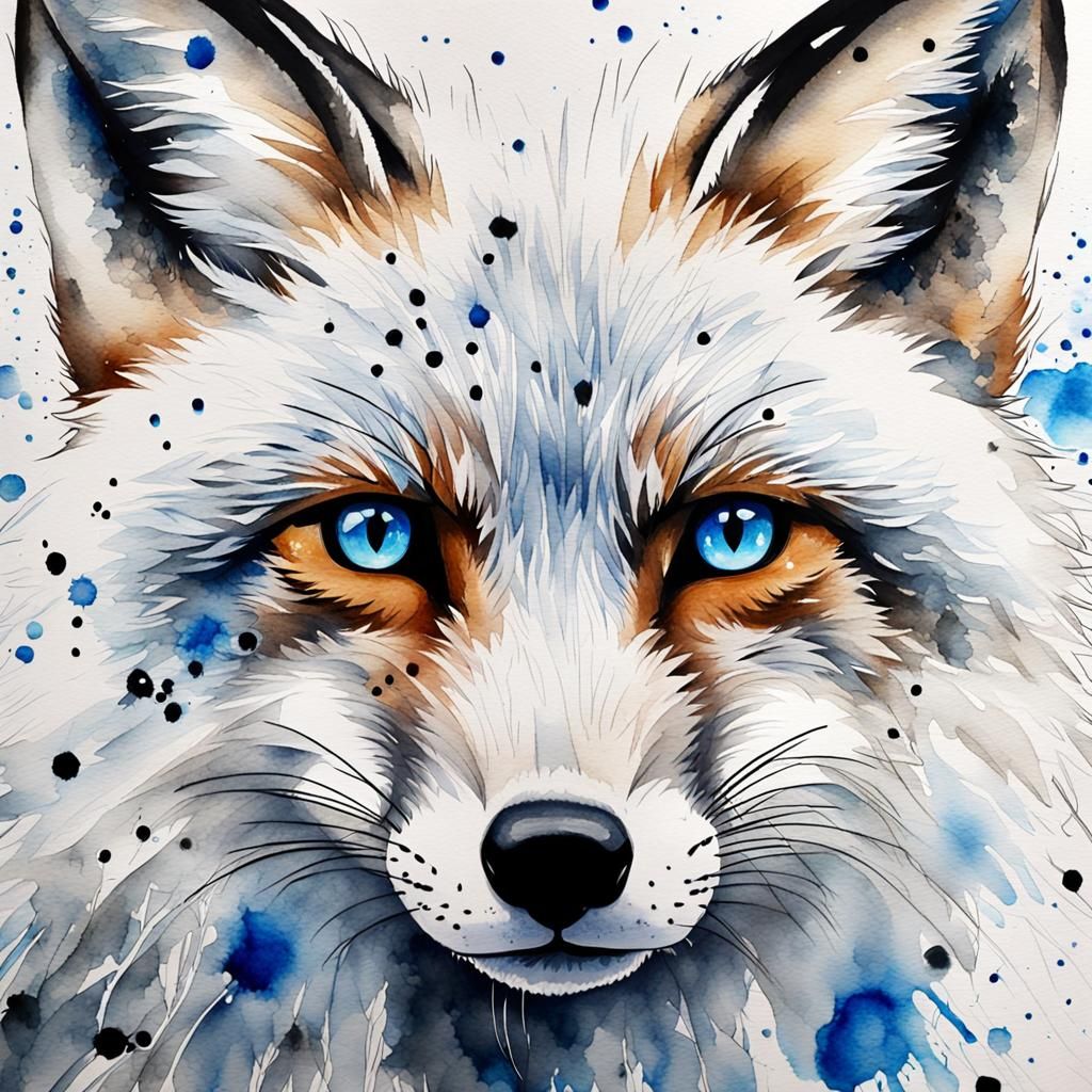 Watercolor Snow Fox Portrait in Winter