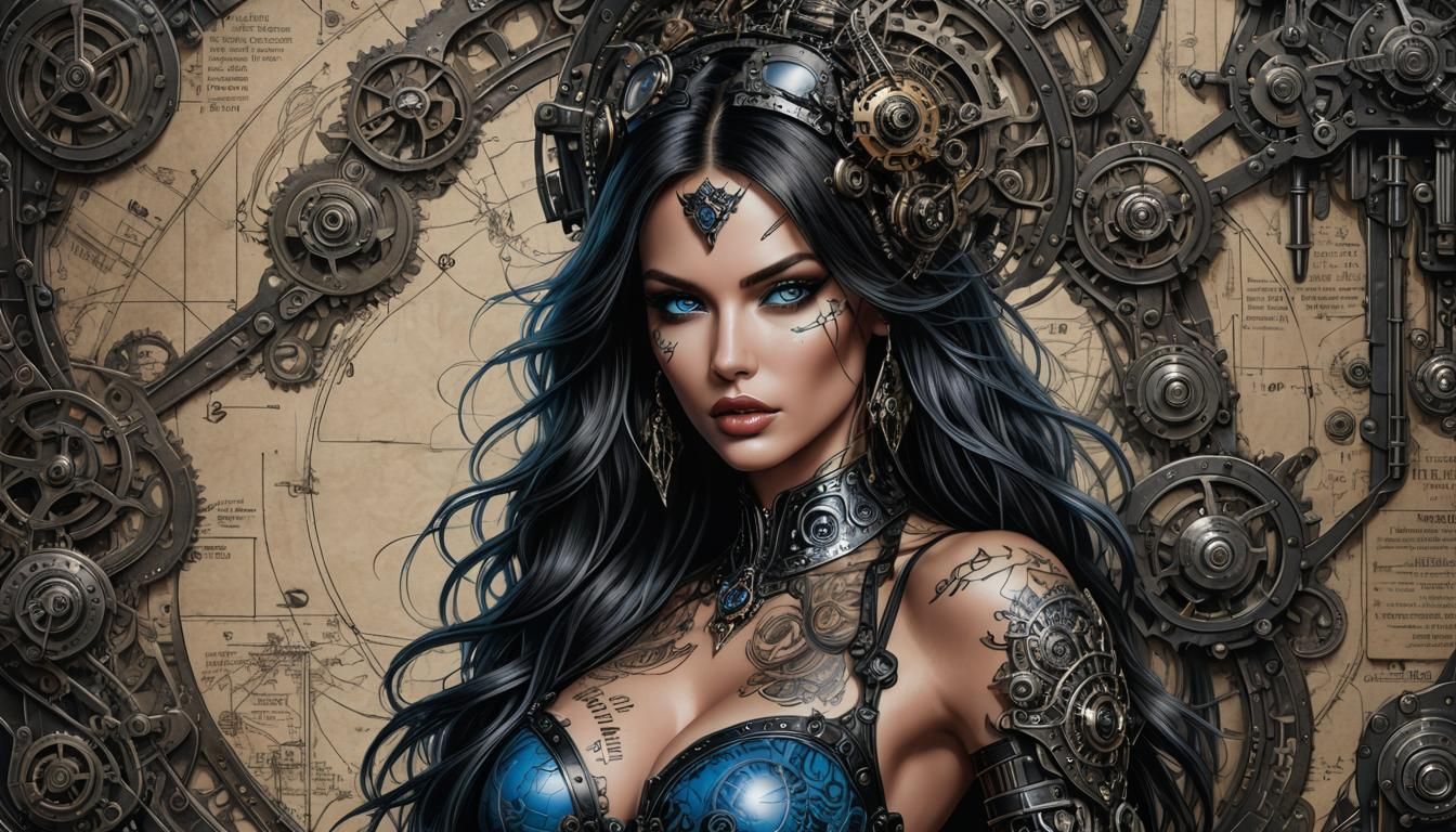 Intricate Ink Illustration: Evil Model in a Schematic Backgr...