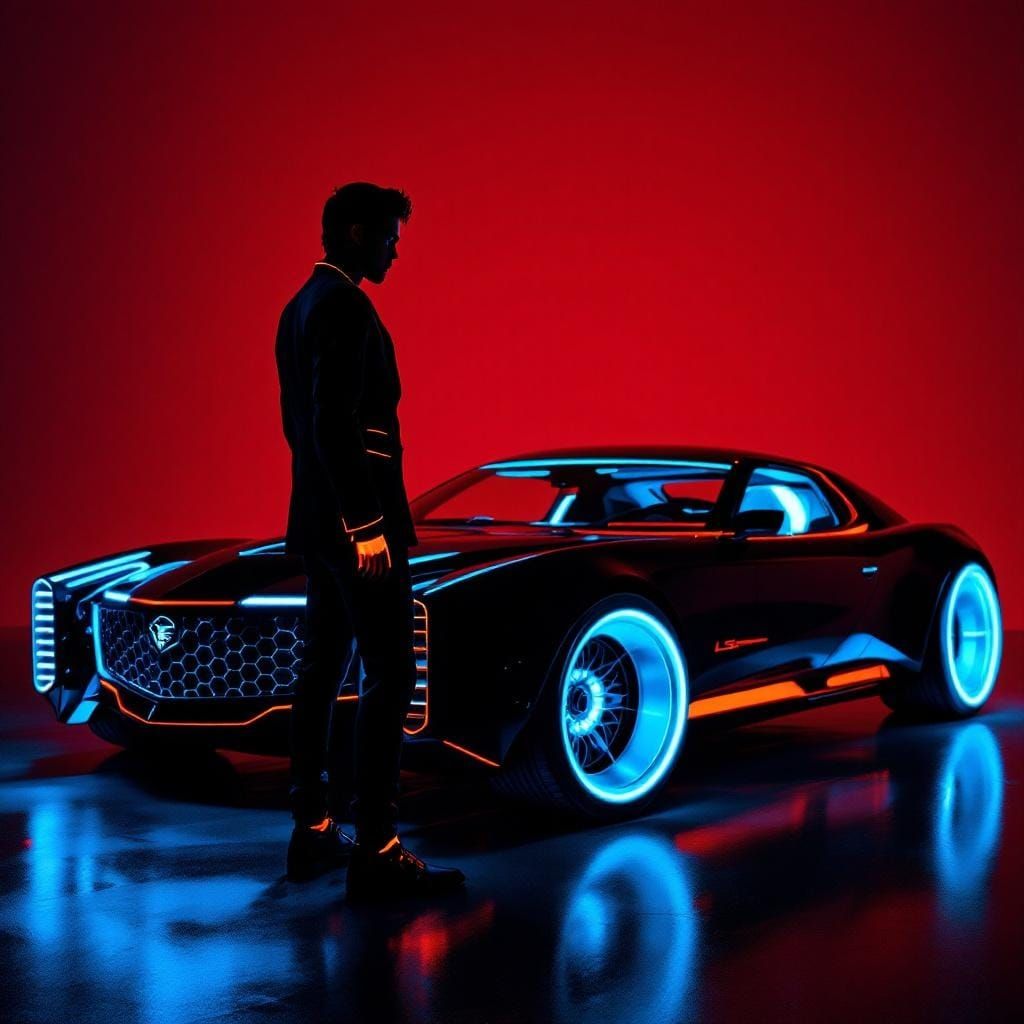 Cyberpunk Figure Beside Chrome Cadillac, Futuristic Style