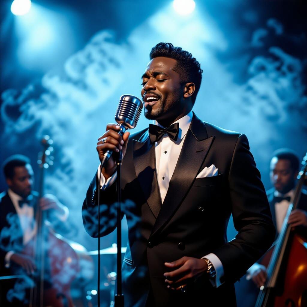 A soulful Black singer in a satin double-breasted tuxedo, singing into a silver retro mic