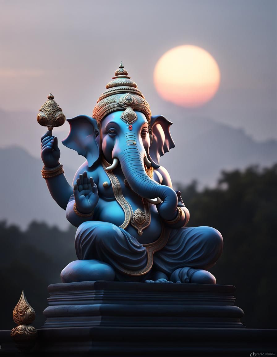 Ganesha Statue in Sunrise: Hyperdetailed Concept Art
