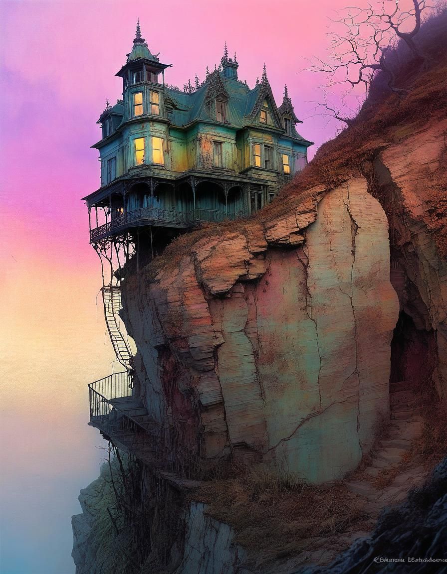 Decaying Victorian House on Cliff in Alcohol Ink Style